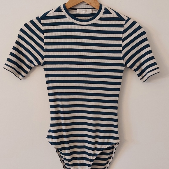 Capulet Short Sleeve Striped Teal/Cream Ribbed Knit Bodysuit size S - Picture 1 of 6